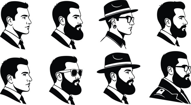 Minimalist black and white vector art showing diverse male profiles with beards glasses hats and formal collars viewed from side different facial hair styles and accessories