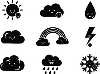 Obraz premium Cute happy weather icons set with smiling sun happy clouds colorful rainbow cheerful raindrops bright lightning and friendly snowflake in flat design vector art style