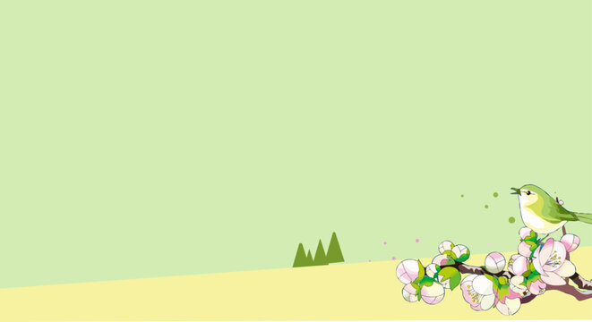 梅の花とメジロが春を告げる和風のベクター背景素材（余白あり）