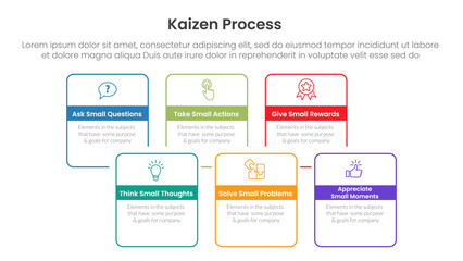Fototapeta premium kaizen process infographic with box rectangle outline asymmetric with 6 step points for slide presentation