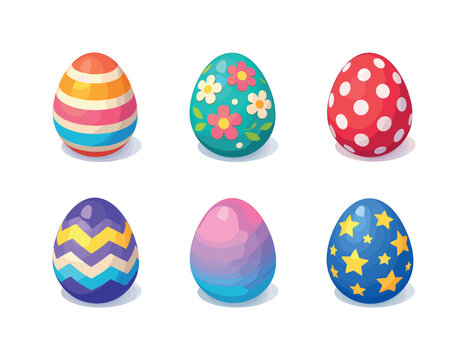 Isometric Easter Eggs. Decorated Easter Eggs. Isometric flat vector icons set of Decorated Easter Eggs: striped Easter egg, floral patterned egg, polka dot