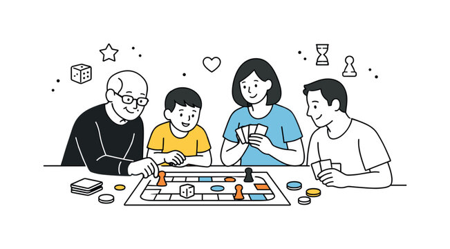 Family Game Night. Board game bonding. A calm and tidy scene where family members of different ages share a board game moment with smiles and focus. The