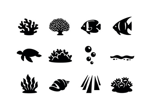 Tropical Reef Icons. Tropical Reef Garden. Solid icon set of Tropical Reef Garden: soft coral, fan coral, butterfly fish, angelfish, sea turtle silhouette,