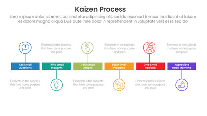 kaizen process infographic with small rectangle box and outline circle up and down with 6 step points for slide presentation