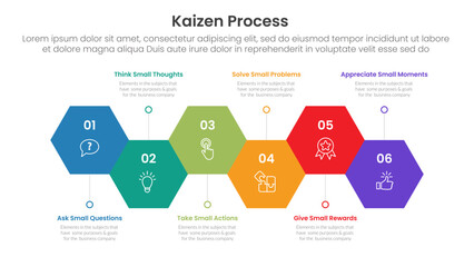 kaizen process infographic with hexagon shape horizontal up and down with 6 step points for slide presentation © ribkhan