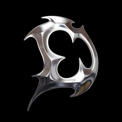 3D chrome metal letter D with decorative tribal geometry