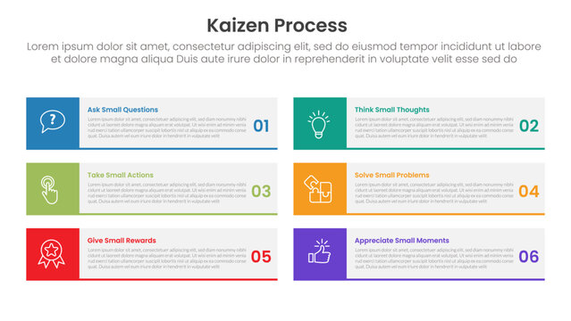 kaizen process infographic with big rectangle and square badge with 6 step points for slide presentation