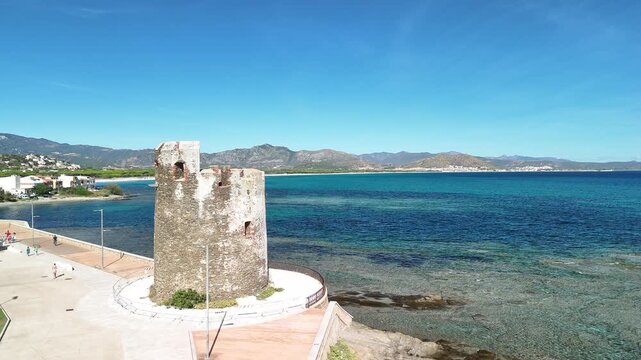 Aerial view of Santa Lucia tower, Siniscola, Nuoro, Sardinia, Italy