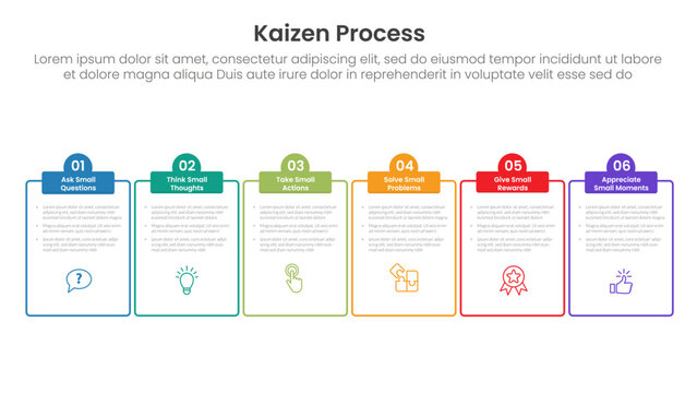 kaizen process infographic with outline table and half circle header with 6 step points for slide presentation