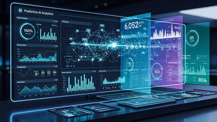 Obraz premium Futuristic Big Data Analytics Dashboard with Holographic Interface and Graphs