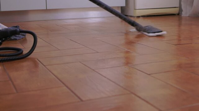 Professional parqueting cleaning visuals, Ecofriendly vapor cleaning for wooden floors, Scene showcasing deep cleaning technology with vapor and steaming effect on wooden flooring
