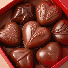 A red box holds glossy heart-shaped chocolates with intricate designs. Each chocolate features intricate patterns, showcasing smooth textures and rich brown shades within the box.