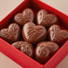 Seven heart-shaped chocolates with intricate designs fill a red box. Each glossy chocolate heart features intricate leaf and swirl decorations inside a red box.