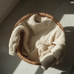 A cream-colored chunky knit sweater rests in a wicker basket. Sunlight accentuates the sweaters knit pattern and the baskets woven texture creating a cozy atmosphere.