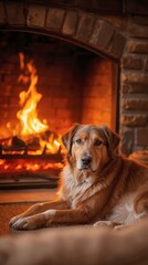 A fluffy brown dog rests near a crackling stone fireplace. The fires warm glow bathes the dog and the rustic brick fireplace surroundings softly.