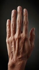 An elderly hand with deep wrinkles and neatly trimmed nails. The aged hands detailed texture and short nails stand out against a dark backdrop.