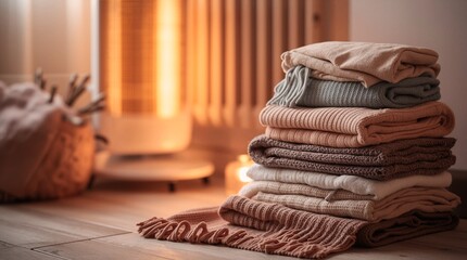 Stacked blankets in warm tones glow beside a radiant heater. A knitted basket and soft candlelight enrich the rooms warm, inviting, homey ambiance perfectly.
