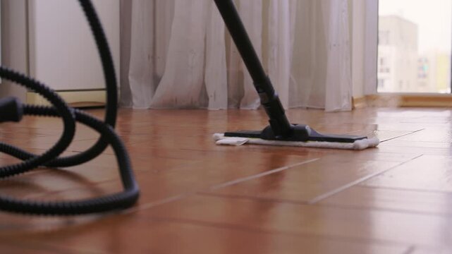 Professional parqueting cleaning visuals, Ecofriendly vapor cleaning for wooden floors, Scene showcasing deep cleaning technology with vapor and steaming effect on wooden flooring