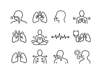 Healthy Breathing Icons. Healthy breathing process. Line icon set of Healthy breathing process: normal respiration, lung health, steady inhale, balanced
