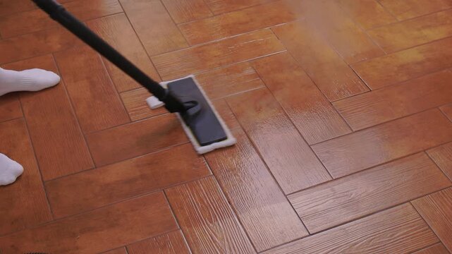 Professional parqueting cleaning visuals, Ecofriendly vapor cleaning for wooden floors, Scene showcasing deep cleaning technology with vapor and steaming effect on wooden flooring