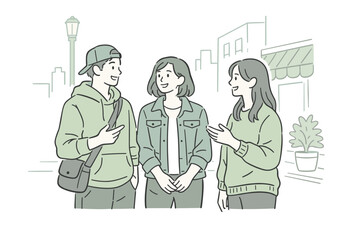 Obraz premium Close friends exploring city streets, standing comfortably and chatting with gentle gestures and calm
