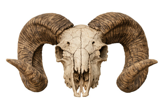 Ram skull with large curved horns on transparent background, symbolizing death, power, and ancient mysticism
