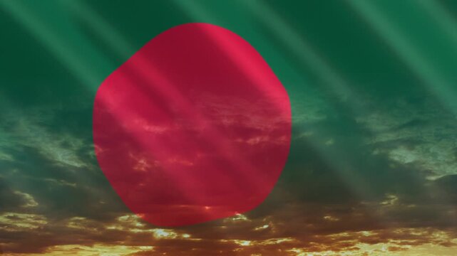 Flag of Bangladesh waving against a vibrant sunset, creating a patriotic and inspiring atmosphere with warm tones.