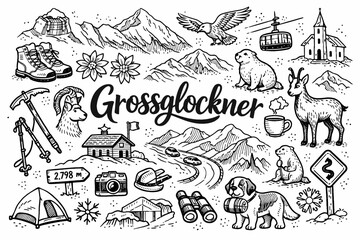 Grossglockner Doodle Art. Grossglockner hand drawn doodle elements set, center hand-lettered title, black & white vector line art,