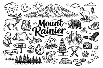 Mount Rainier Doodle Art. Mount Rainier hand drawn doodle elements set, center hand-lettered title, black & white vector line art,