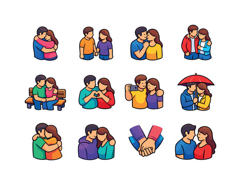 Isometric Couple Icons. Public Affection. Colorful isometric vector icons set of Public Affection: couple hugging, couple holding hands, cheek kiss couple,
