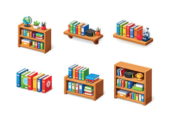 Colorful Study Shelves. Study Shelf. Isometric flat vector icons set of Study Shelf: study room bookshelf, shelf with textbooks, learning books