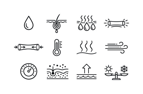 Thermoregulation Icon Set. Thermoregulation. Line icon set of Thermoregulation: sweat droplet, sweat gland, evaporative cooling symbol, blood vessel dilation,