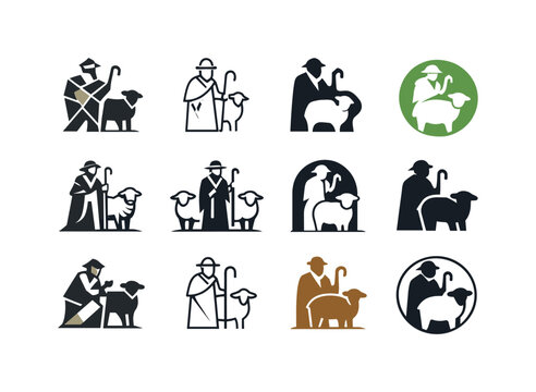 Shepherd Logo Set. Shepherd. Icon set. Set Logo of Shepherd: shepherd and sheep. harmonious logo variations of the same emblematic concept, each with different