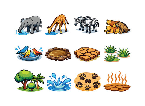 Isometric Wildlife Icons. Nature survival. Colorful isometric vector icons set of nature survival: thirsty elephant, giraffe drinking, zebra herd, predators
