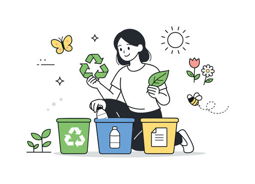 Eco-Friendly Spring Scene. Sustainable spring habits. A character sorting waste or holding eco icons like leaf and recycle symbol, with spring elements around.