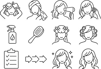  Line style icons of Hair styling routine: wash hair, towel dry, blow dry, style hair; heat protectant, brush
