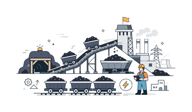 Modern Coal Mining Illustration. Coal mining industry today. Simplified mine structure with conveyor belts and coal carts, clean and orderly environment.