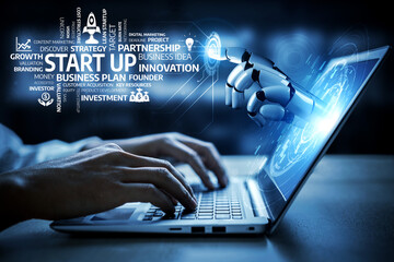 Obraz premium A robotic hand engages with a laptop screen showcasing essential concepts for start-up success, including innovation, strategy, and investment growth. Tessel