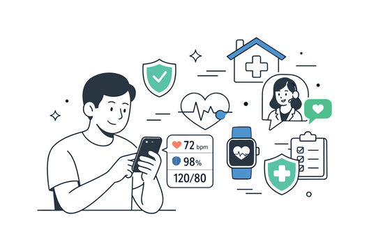 Digital Health Check. Digital health monitoring. A patient checks vital signs on a smartphone while medical icons appear nearby, representing remote care and
