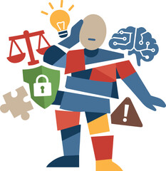 Fototapeta premium Abstract geometric human figure appears partially fragmented as ethical symbols overlap and misalign