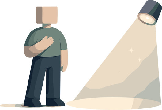 Calm abstract geometric figure stands beside single softened spotlight reframing online presence anxiety into