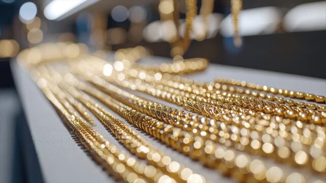 Close-up of gold necklaces arranged on a display, with shallow depth of field