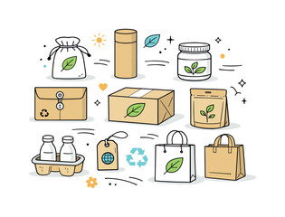 Eco Packaging Designs. Minimal sustainable packaging set. Different eco packaging shapes neatly arranged, showing variety and clean design approach. Friendly,