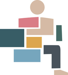 Abstract geometric human figure partially integrates with distinctly separated blocks becoming simplified structured form