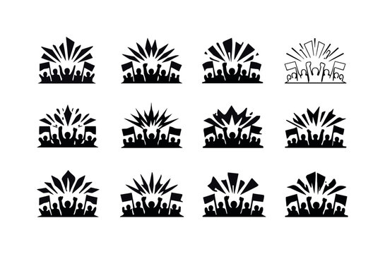 Protest Logos Icon Set. Streets filled with protesters. Icon set. Set Logo of Streets filled with protesters: symbolic protest energy burst. harmonious logo