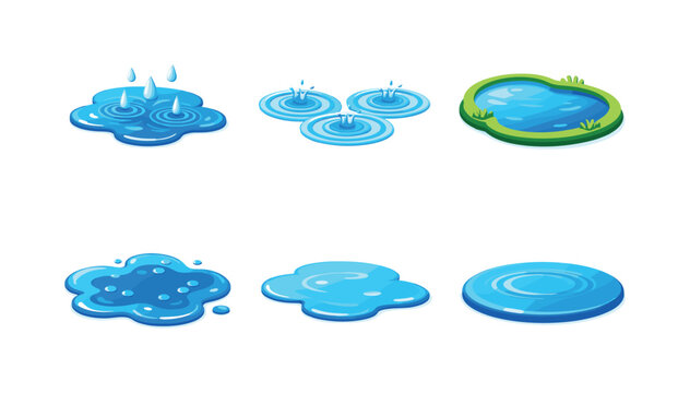 Rainwater Icon Set. Rainwater. Isometric flat vector icons set of rainwater: puddle with raindrops, water splash rings, fresh rain pool, accumulating water