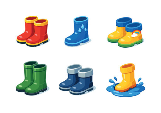 Colorful Rain Boots Grid. Rain Boots. Isometric flat vector icons set of Rain Boots: rubber rain boots pair, single rain boot with water drops, kids rain