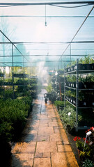 An automatic irrigation system at a garden center. Daily watering of seedlings in a greenhouse.