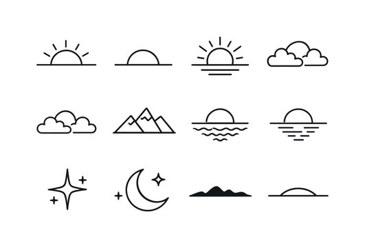 Sunrise and Sunset Icons. Sunrise and sunset. Line icon set of Sunrise and sunset: rising sun, setting sun, horizon line, sun rays, morning clouds, evening