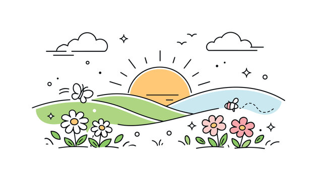 Spring Hillside Bliss. Spring landscape overview. Rolling hills with blooming flowers and a rising sun, calm seasonal transition and fresh atmosphere with